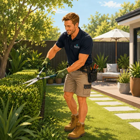 A gardener in a work polo trimming a hedge in a sunny back garden.