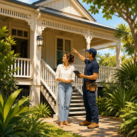 A homeowner and a Pro talking on the front steps of a Queenslander, the Pro pointing up at the roofline.