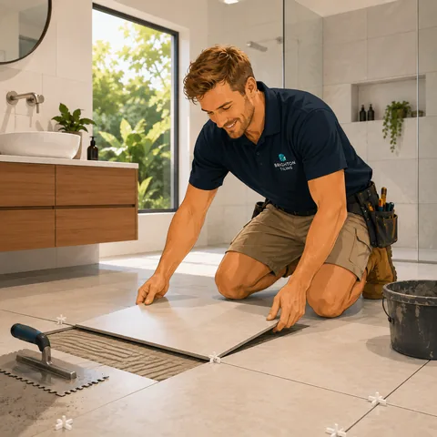 A tiler kneeling to lay a large floor tile in a finished bathroom.